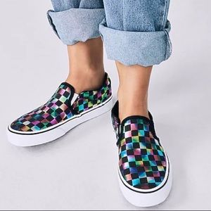 NWT Black holographic slip on checkered vans